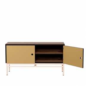 Meuble bas TV Elienor - Ocre/Bois Foncé - Pieds Rose Poudré