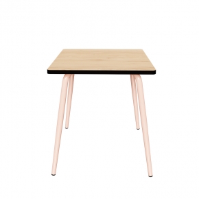 Table Retro Véra Carrée 70x70 – Imprimé Bois Clair - Pieds Rose Poudré