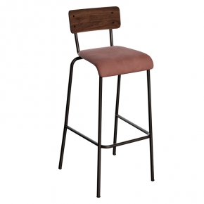 Chaise de bar Suzie 75cm - Dossier Bois Foncé & Assise Velours Bois de Rose - Pieds Noirs